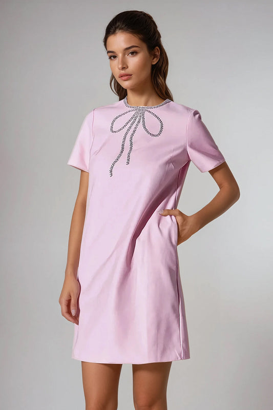 Short Sleeve Mini Dress with Embellished Bow Detail - Pink
