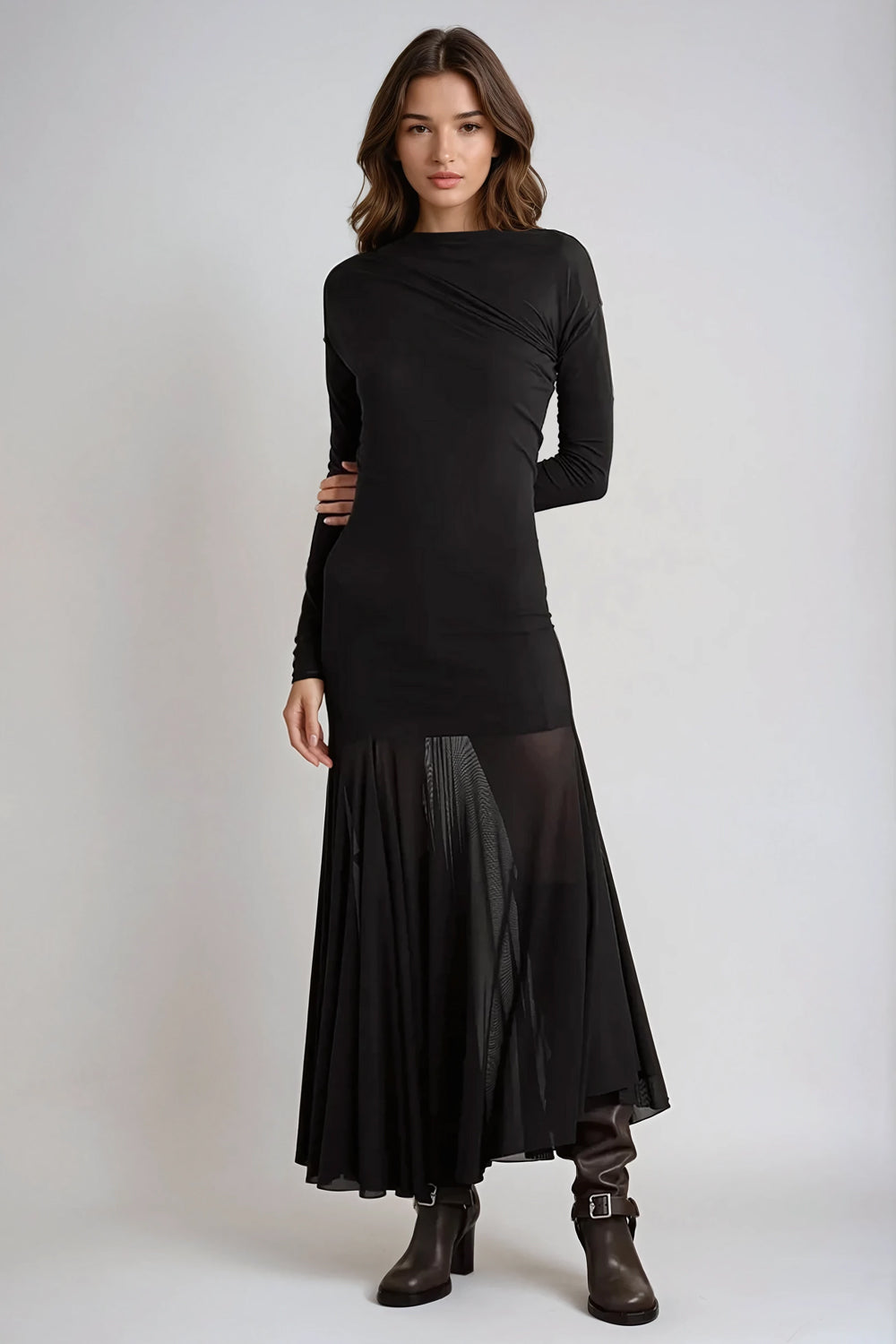 Long Sleeve Sheer Panel Midi Dress - Black