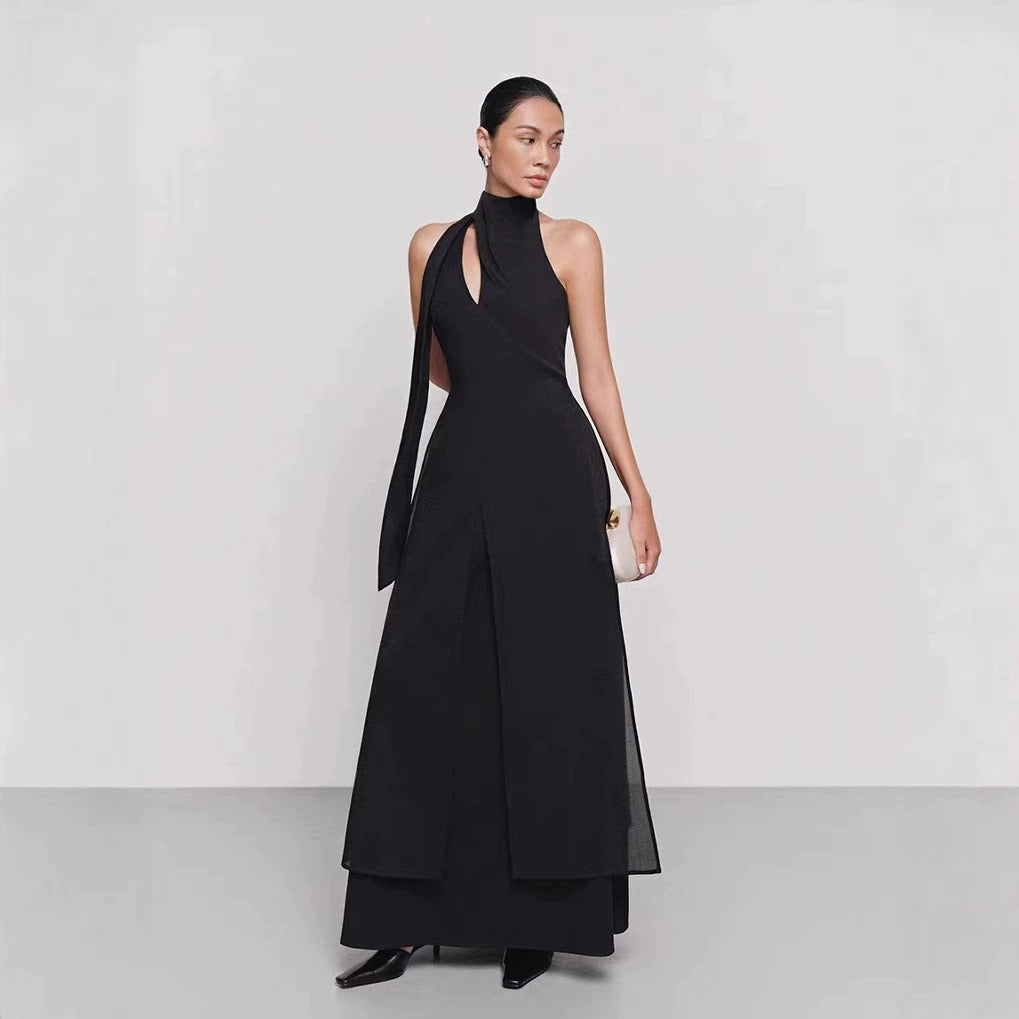 Maxi Dress with Drape Front Detail and High Neck - Black