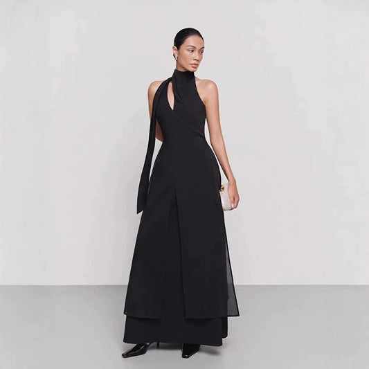 Maxi Dress with Drape Front Detail and High Neck - Black