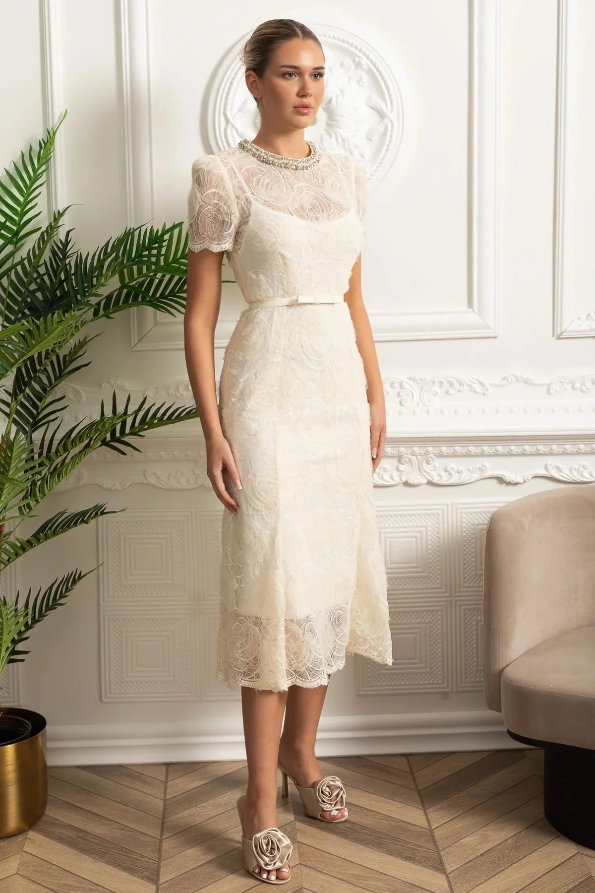 Embroidered Lace Midi Dress with Belted Waist and Sheer Sleeves - White