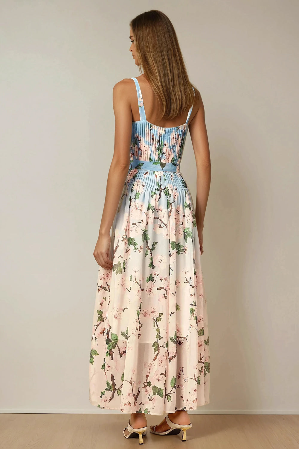 Pleated Maxi Dress with Tie Waist and Back Zip - Blue