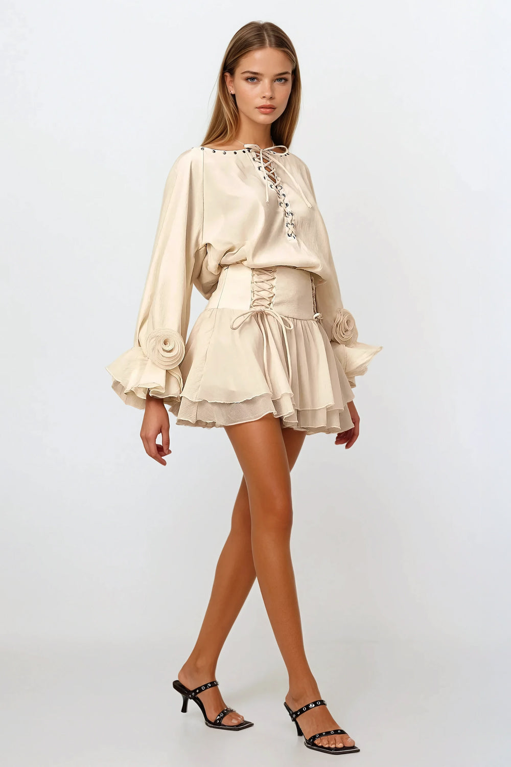 Off-Shoulder Lace-Up Mini Dress - Apricot