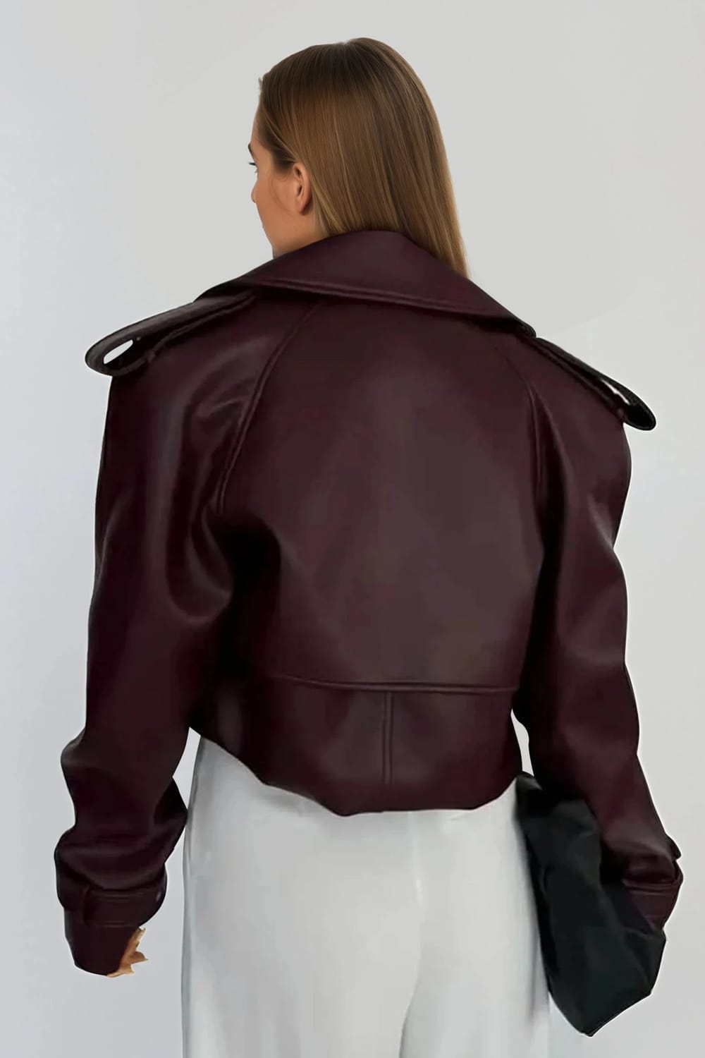 Cropped Leather Coat with Oversized Collar - Red