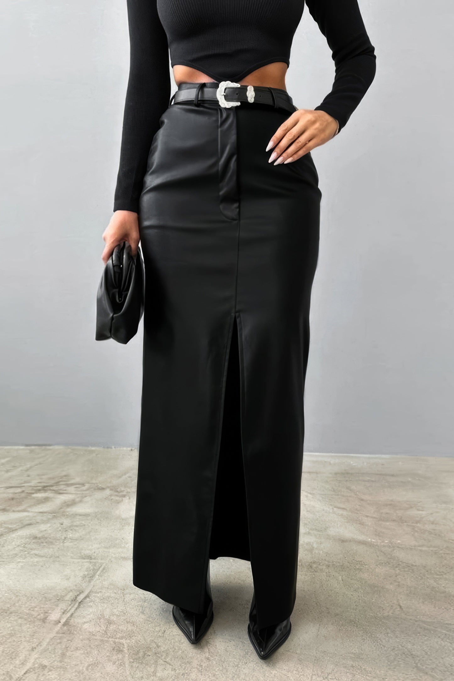 High-Waisted Leather Maxi Skirt with Front Slit - Black