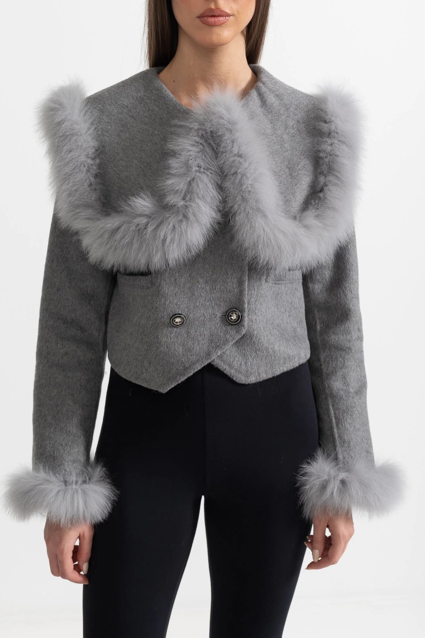 Fur Trim Cropped Jacket - Gray