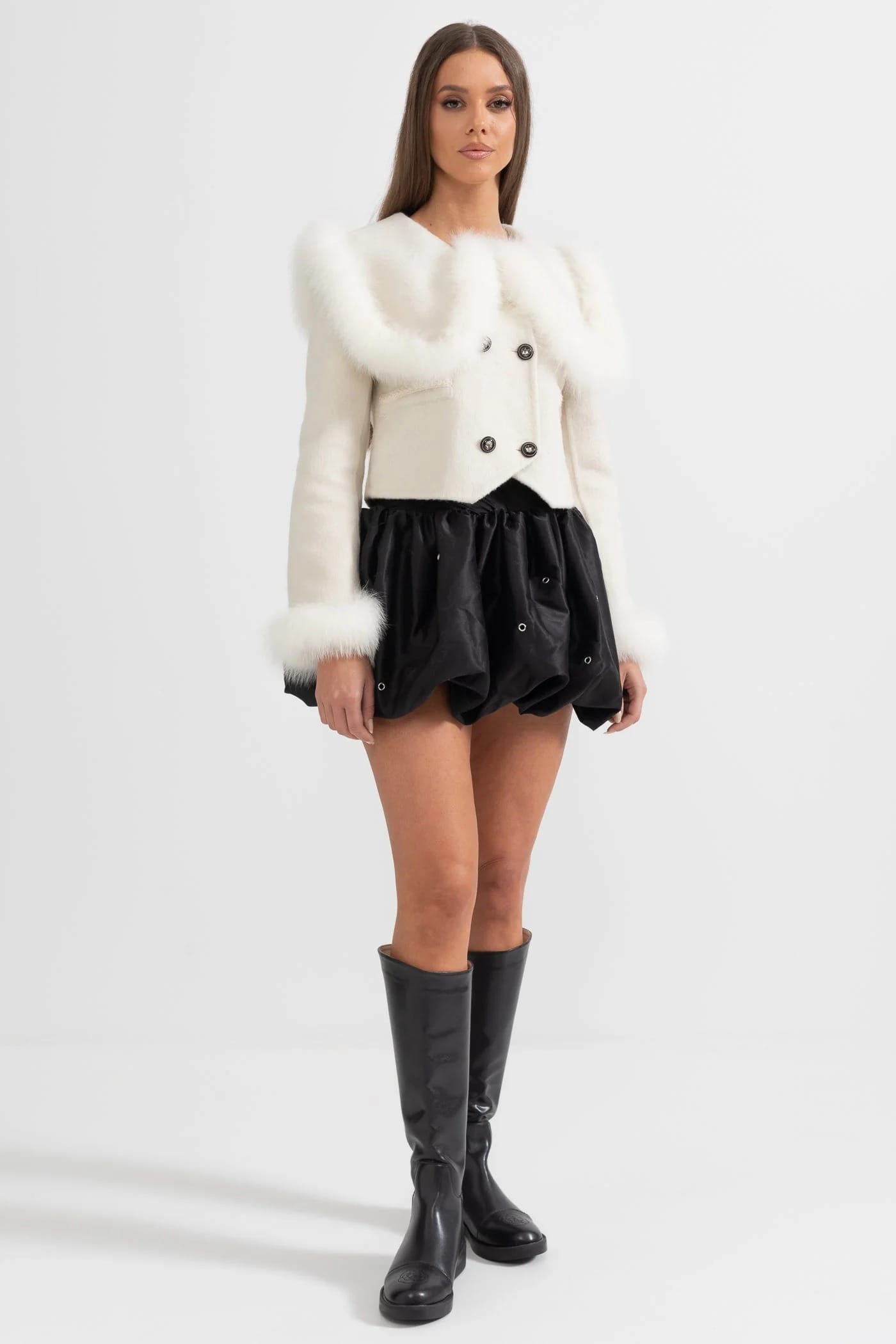 Fur Trim Cropped Jacket - White