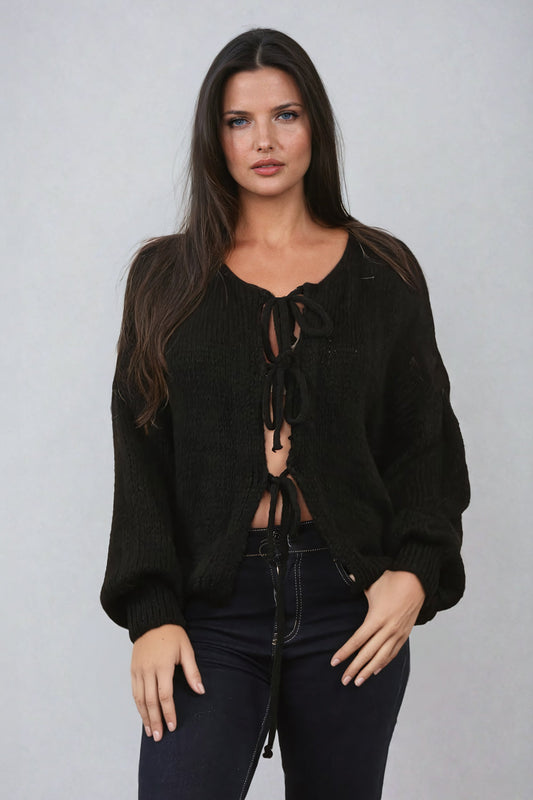 Knitted Tie-Front Sweater - Black