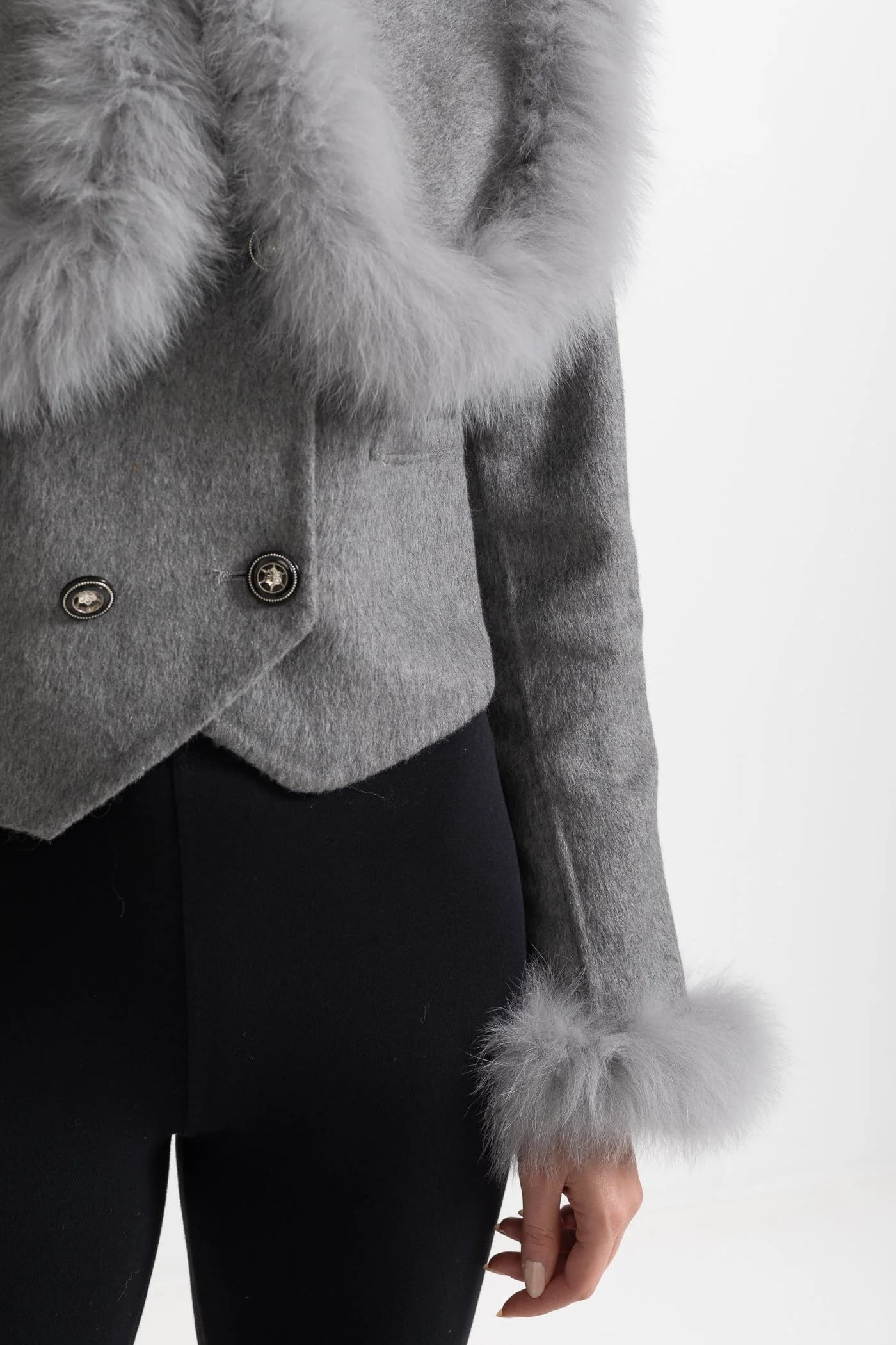 Fur Trim Cropped Jacket - Gray