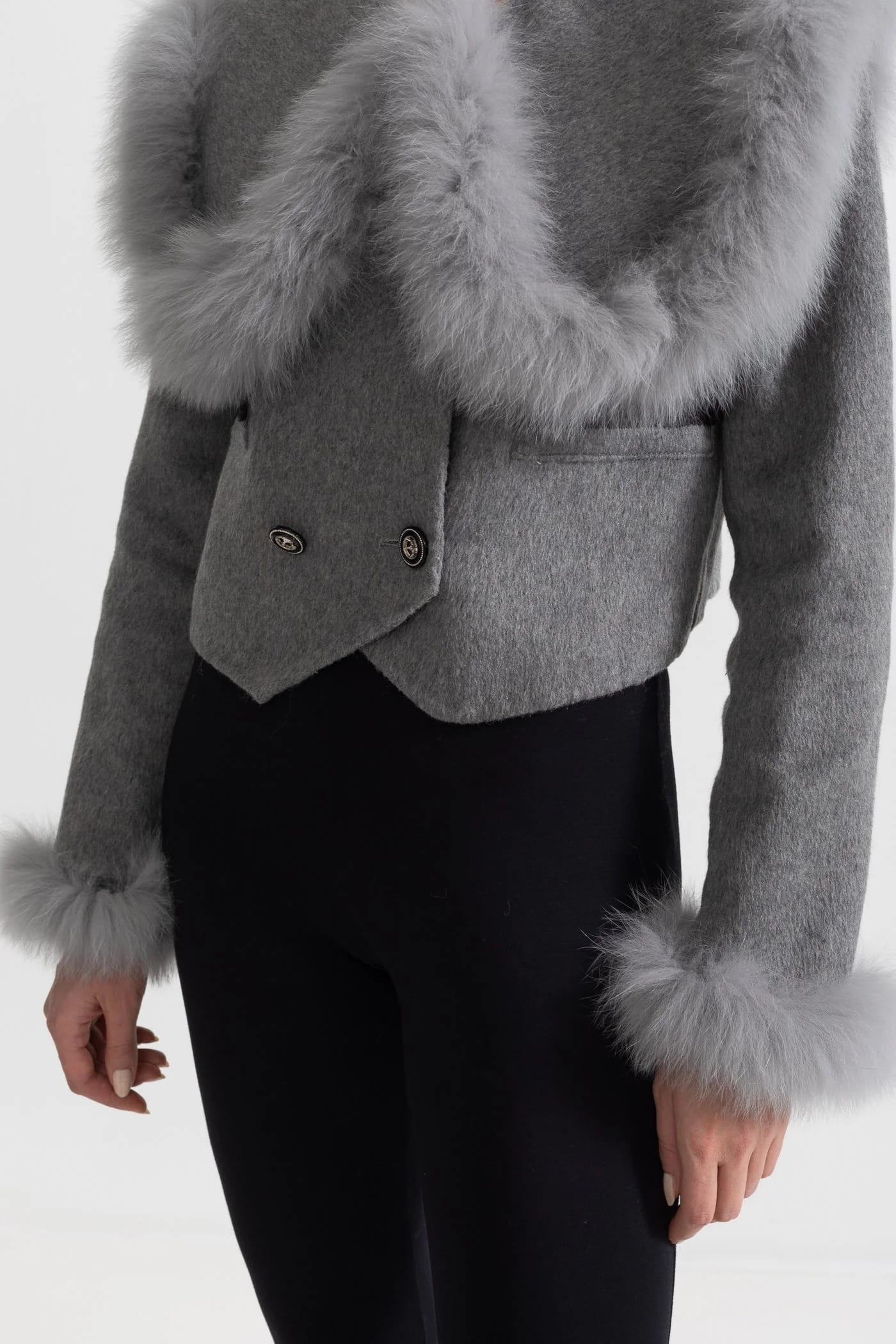 Fur Trim Cropped Jacket - Gray