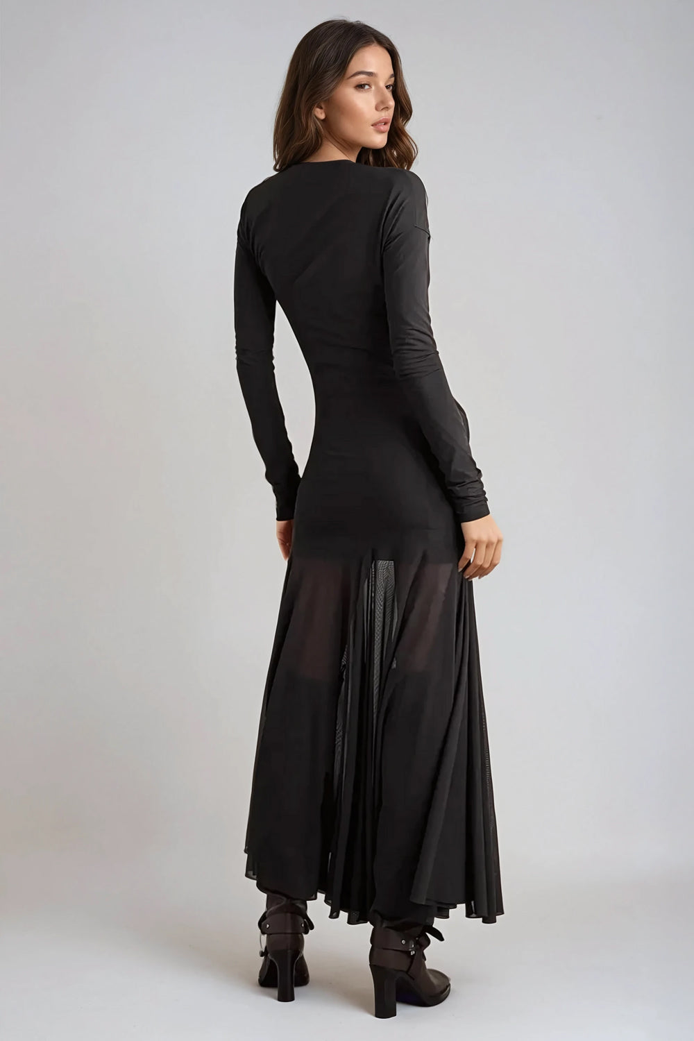 Long Sleeve Sheer Panel Midi Dress - Black