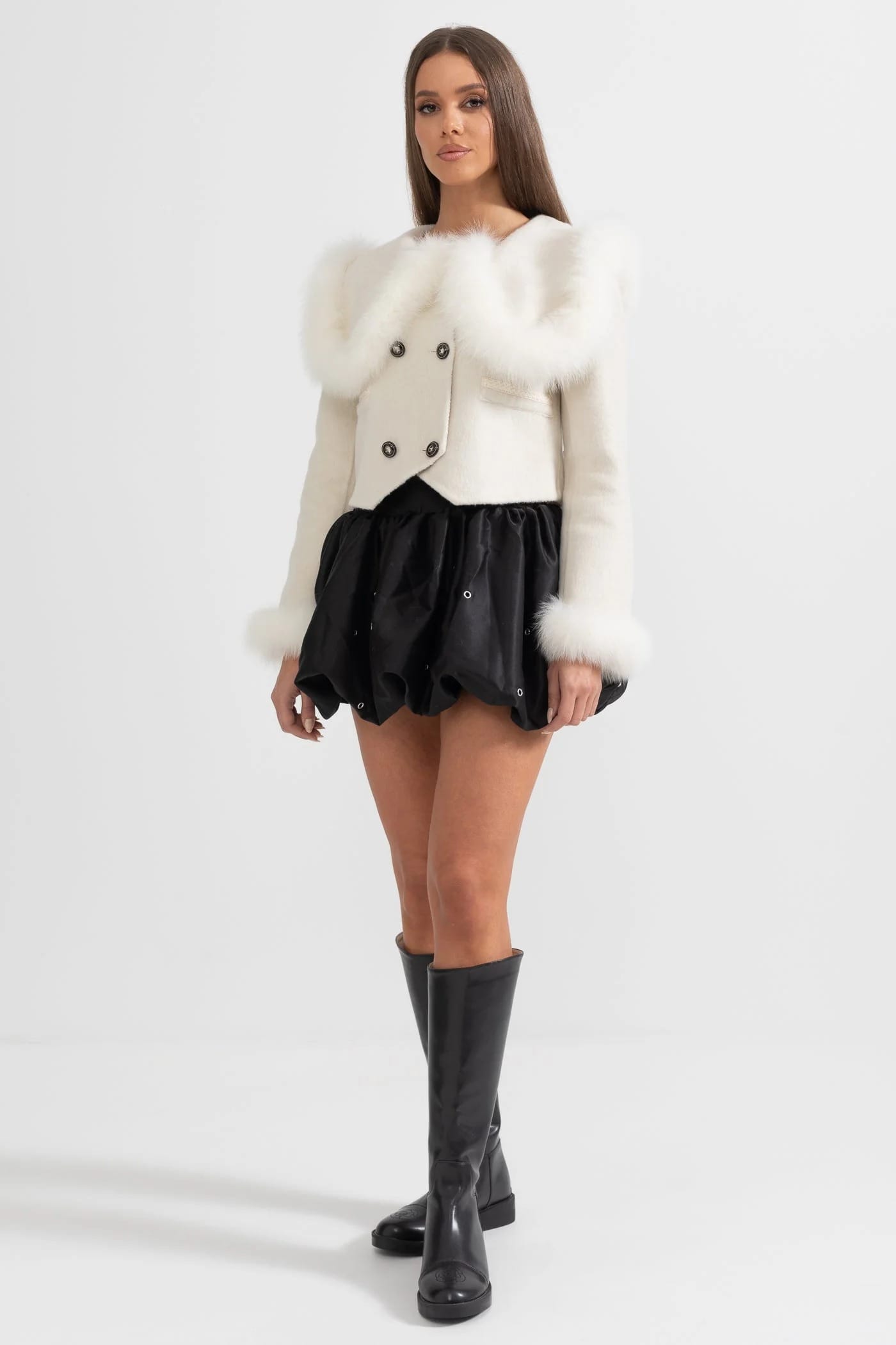 Fur Trim Cropped Jacket - White