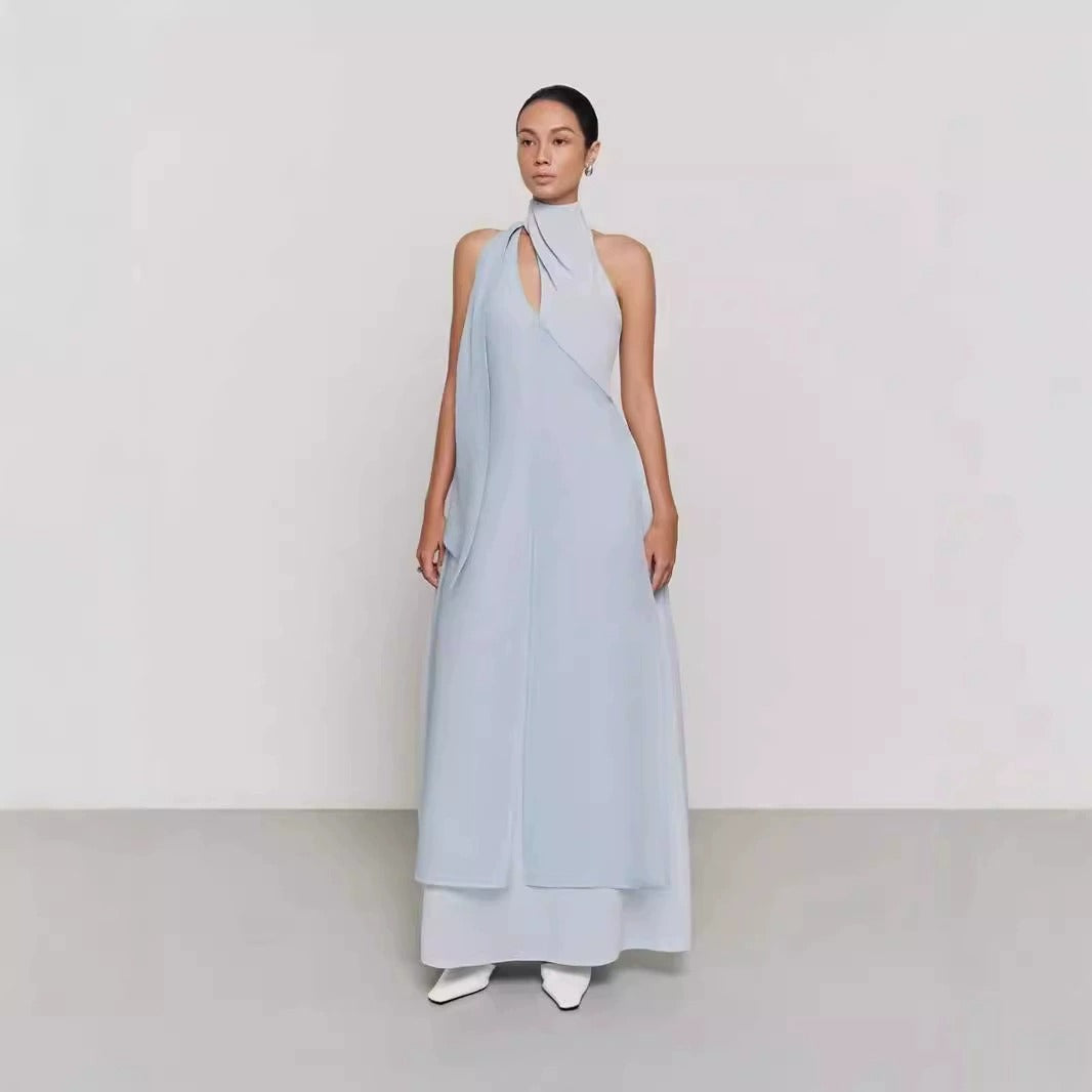 Maxi Dress with Drape Front Detail and High Neck - Blue