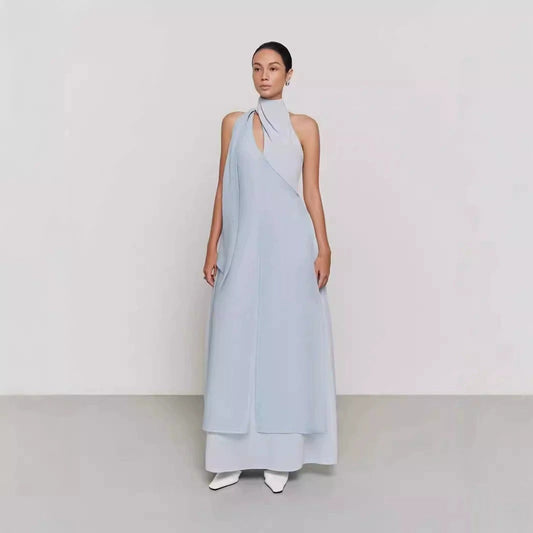 Maxi Dress with Drape Front Detail and High Neck - Blue