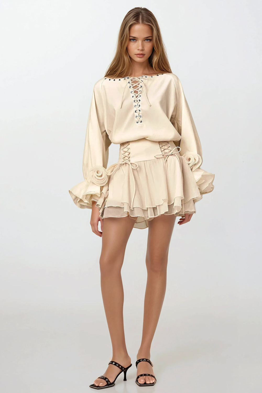 Off-Shoulder Lace-Up Mini Dress - Apricot