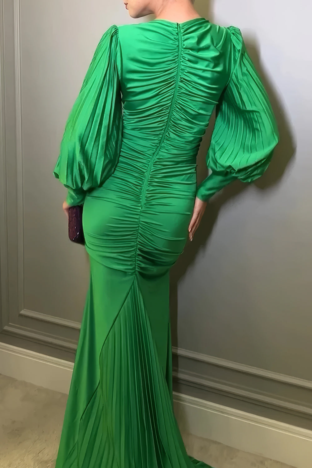 Plunging V-Neck Pleated Maxi Dress with Balloon Sleeves