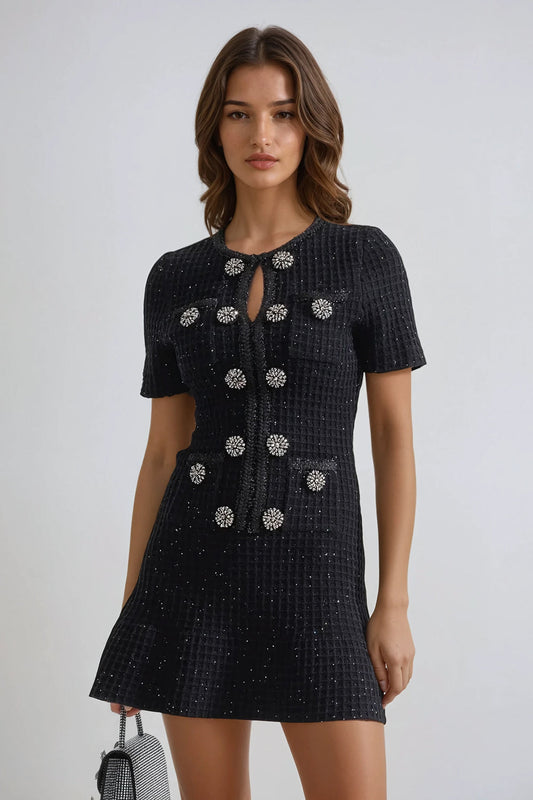 Double-Breasted Knitted Mini Dress - Black