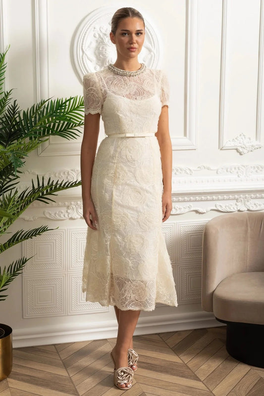 Embroidered Lace Midi Dress with Belted Waist and Sheer Sleeves - White