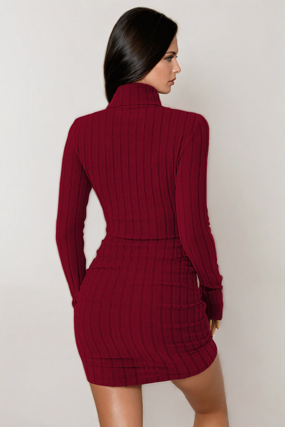 Ribbed Turtleneck Long-Sleeve Mini Dress - Red