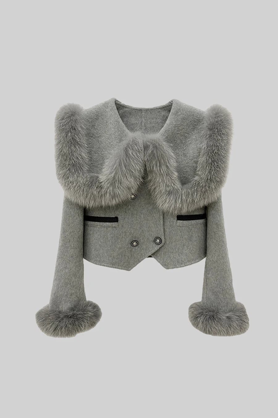 Fur Trim Cropped Jacket - Gray