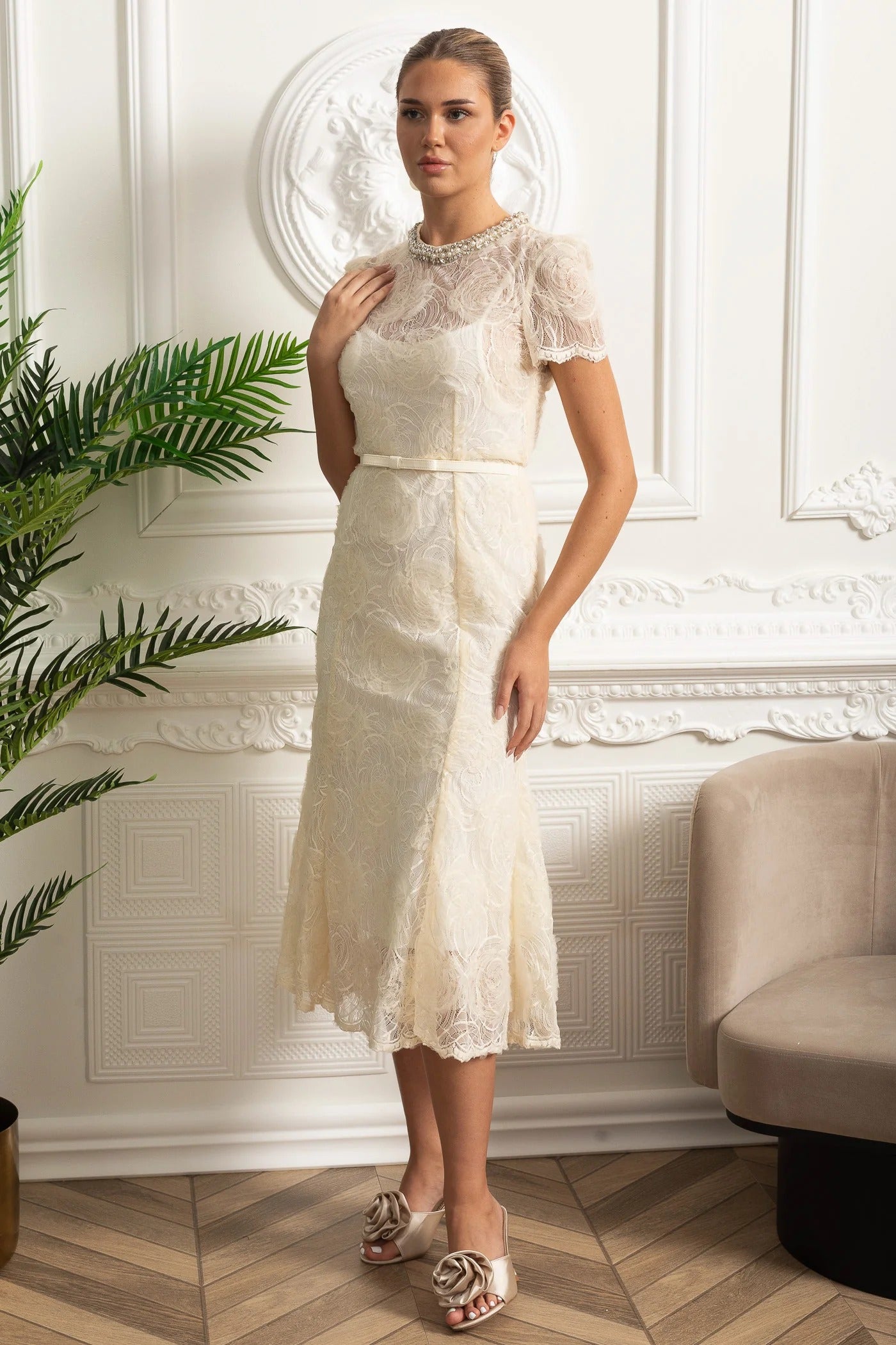 Embroidered Lace Midi Dress with Belted Waist and Sheer Sleeves - White