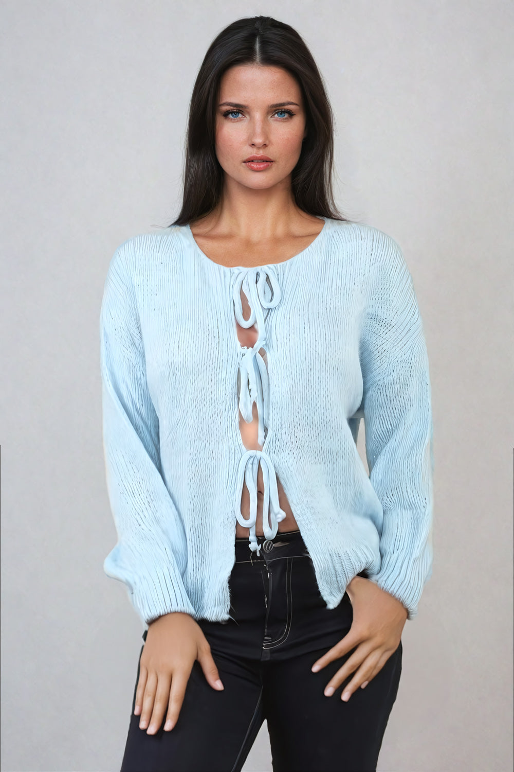 Knitted Tie-Front Sweater - Blue