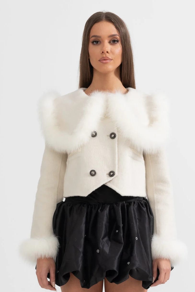 Fur Trim Cropped Jacket - White