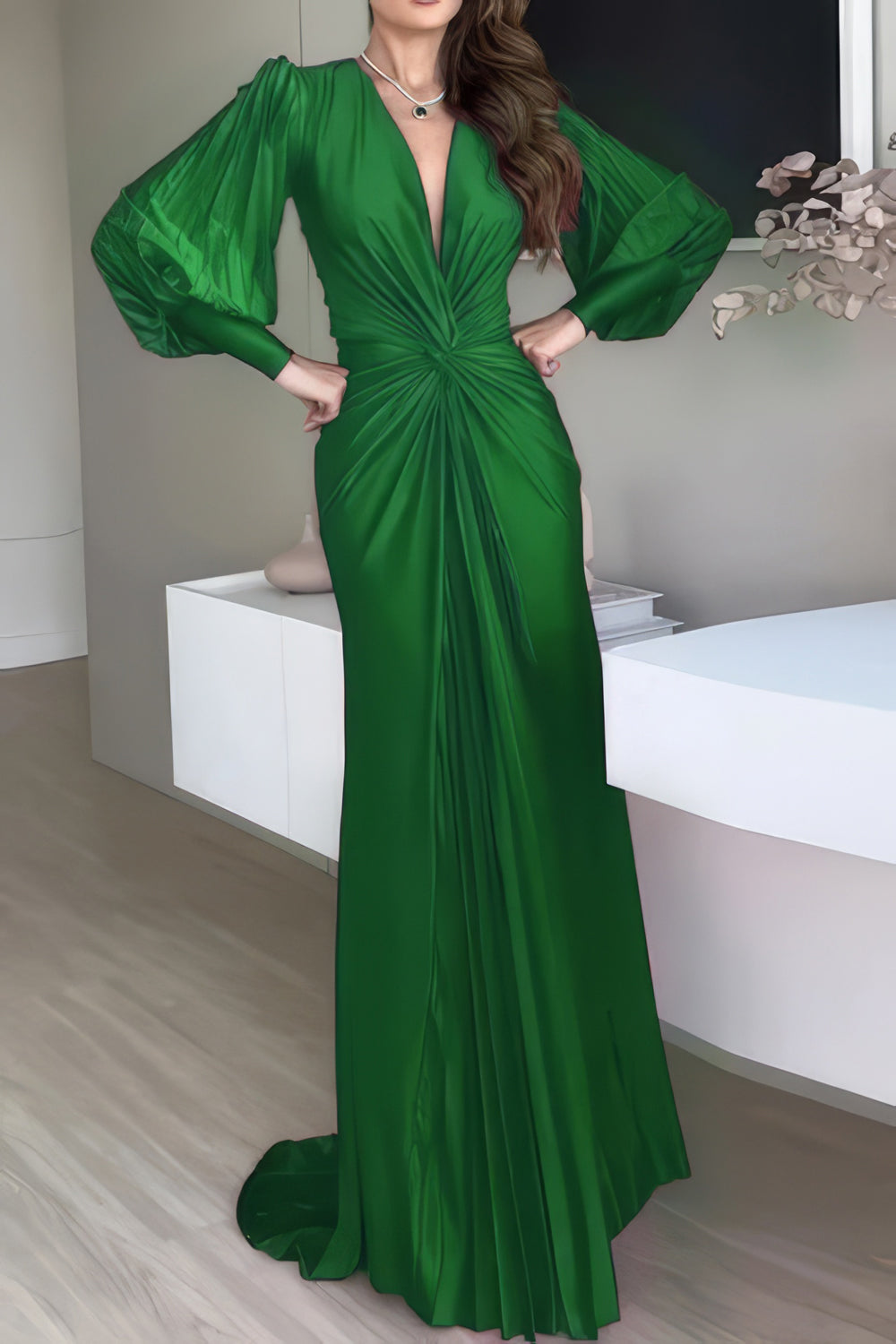 Plunging V-Neck Pleated Maxi Dress with Balloon Sleeves