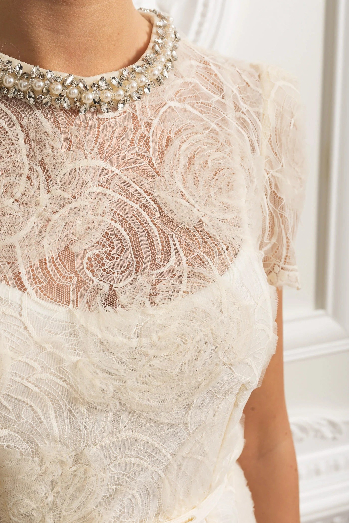 Embroidered Lace Midi Dress with Belted Waist and Sheer Sleeves - White
