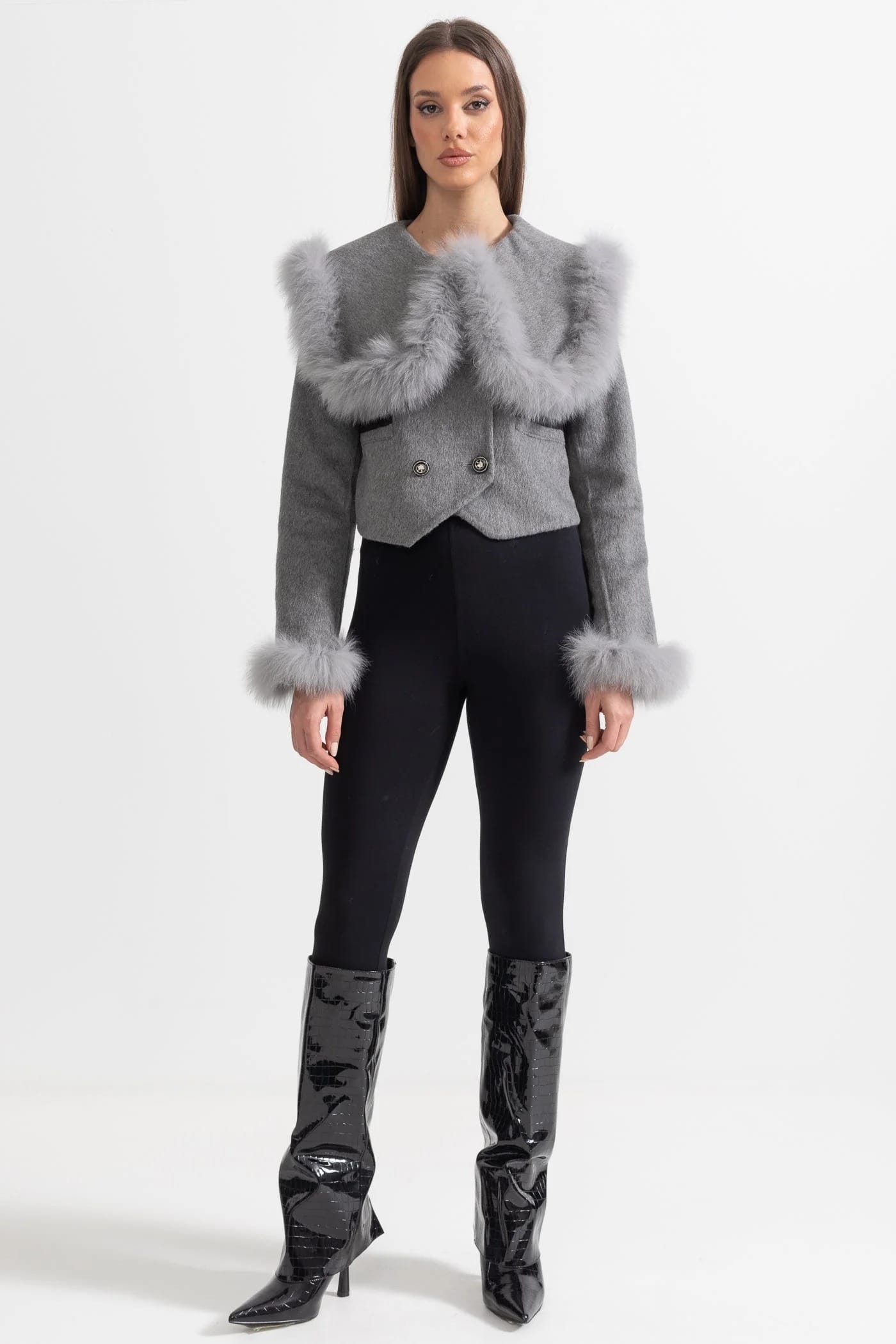 Fur Trim Cropped Jacket - Gray