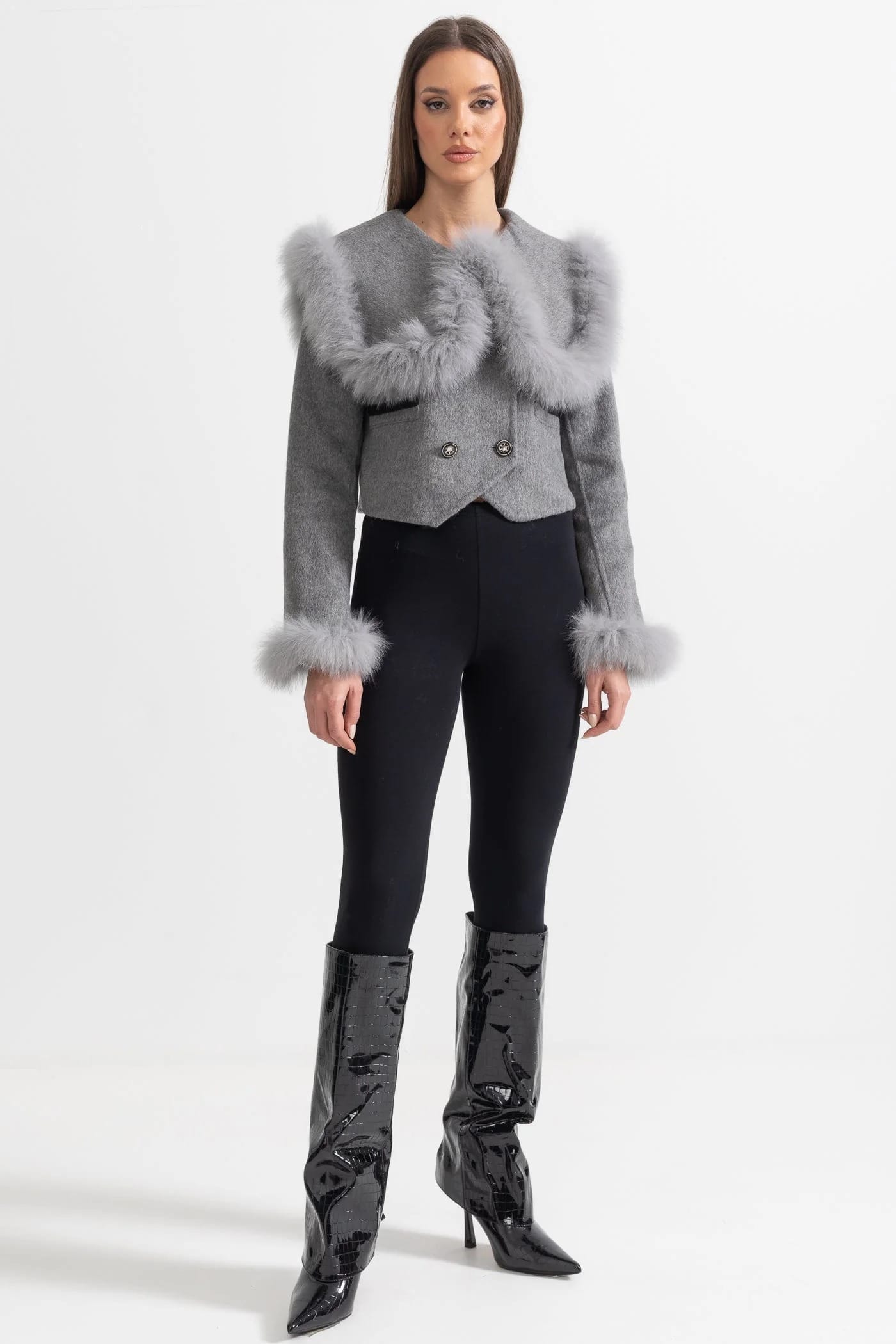 Fur Trim Cropped Jacket - Gray