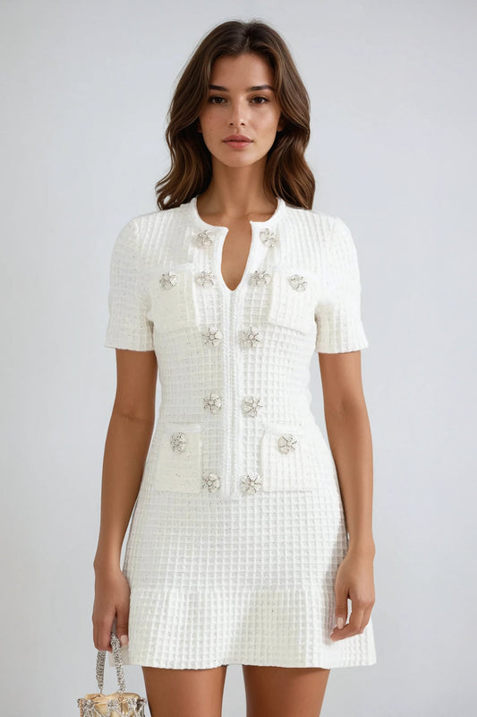 Double-Breasted Knitted Mini Dress - White
