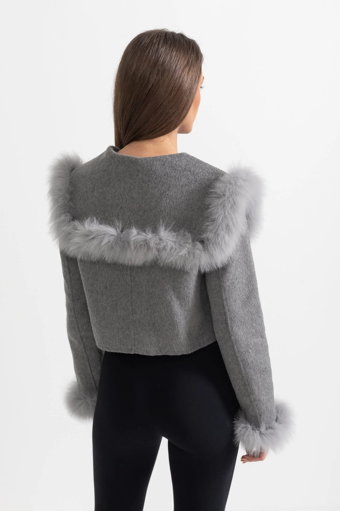 Fur Trim Cropped Jacket - Gray