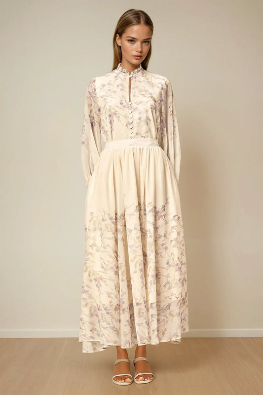 Two-Piece Set with Printed Shirt and Flowing Skirt - White