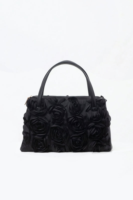 Black Top Handle Bag with 3D Floral Texture