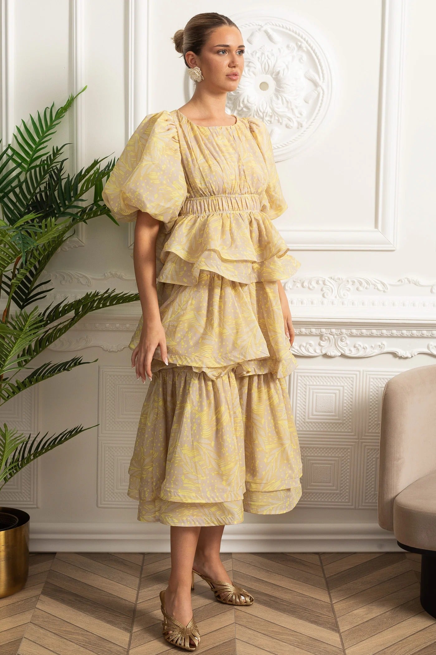 Puff Sleeve Tiered Midi Dress - Yellow
