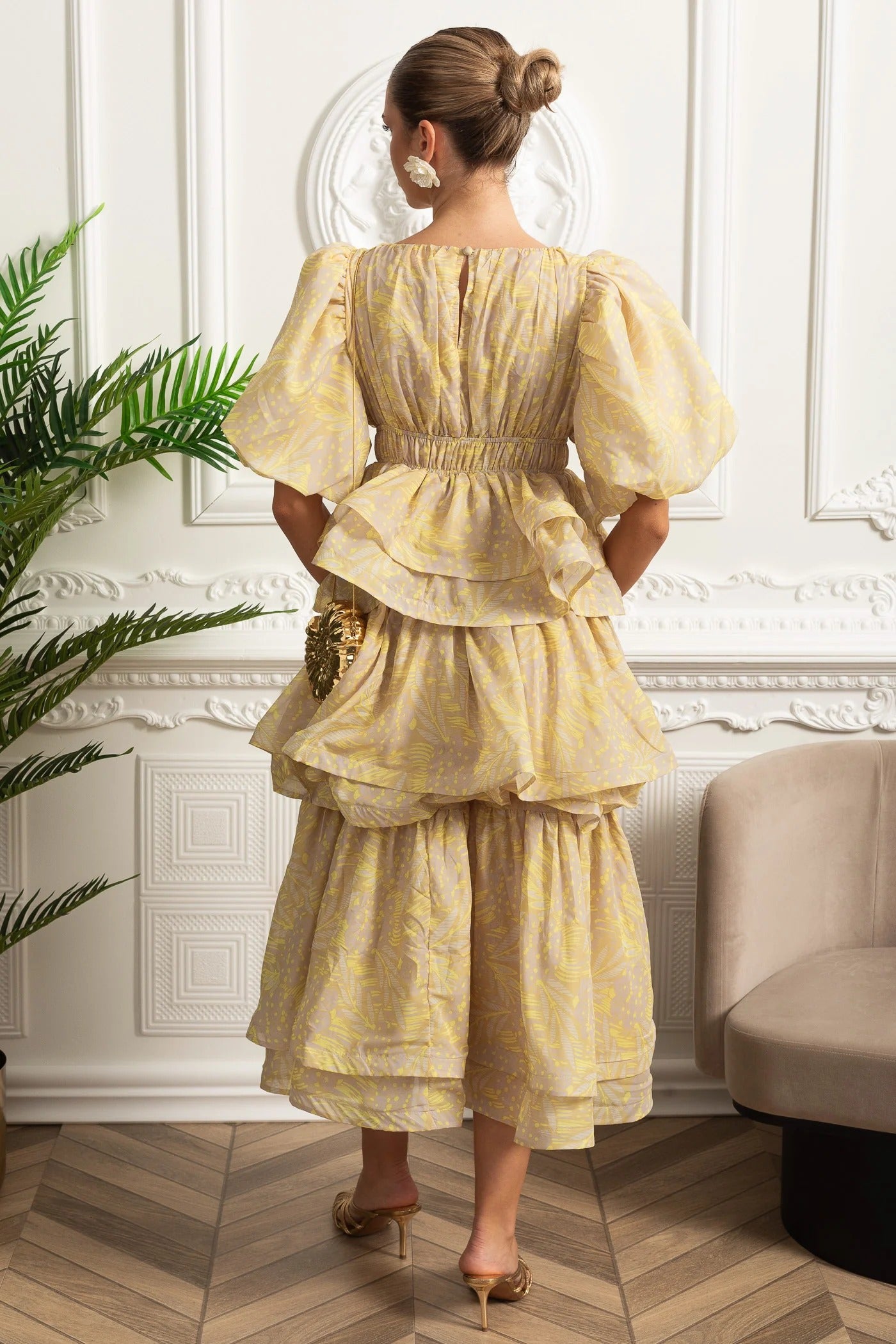 Puff Sleeve Tiered Midi Dress - Yellow