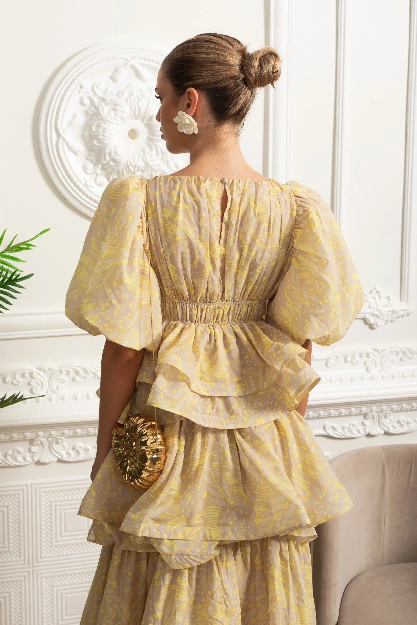 Puff Sleeve Tiered Midi Dress - Yellow