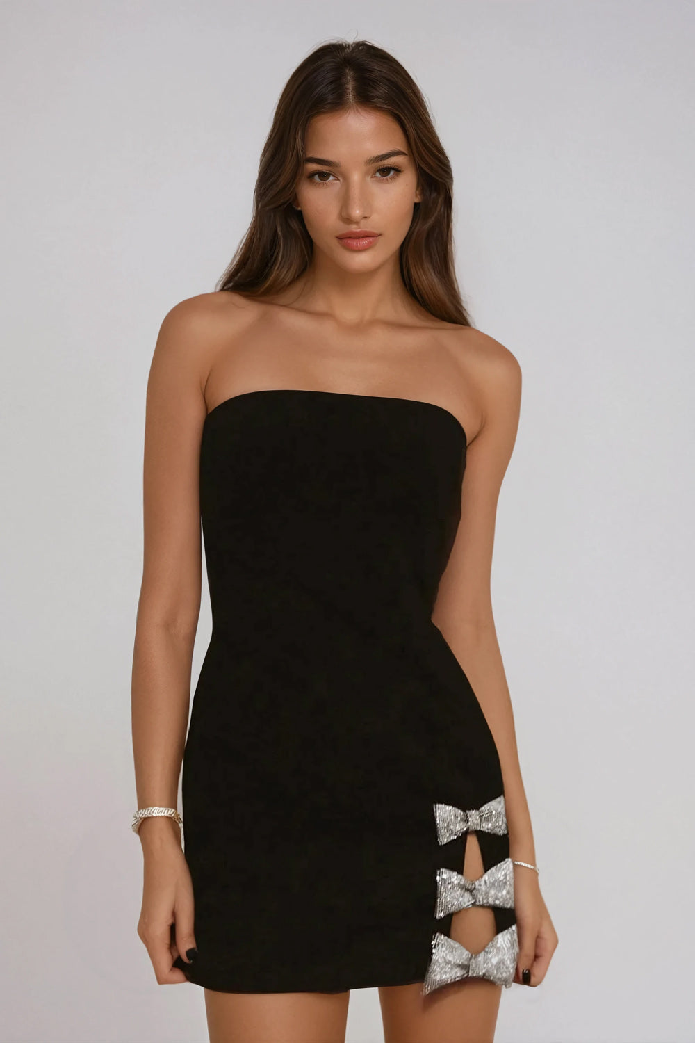 Mini Dress with Rhinestone Bow Detail - Black