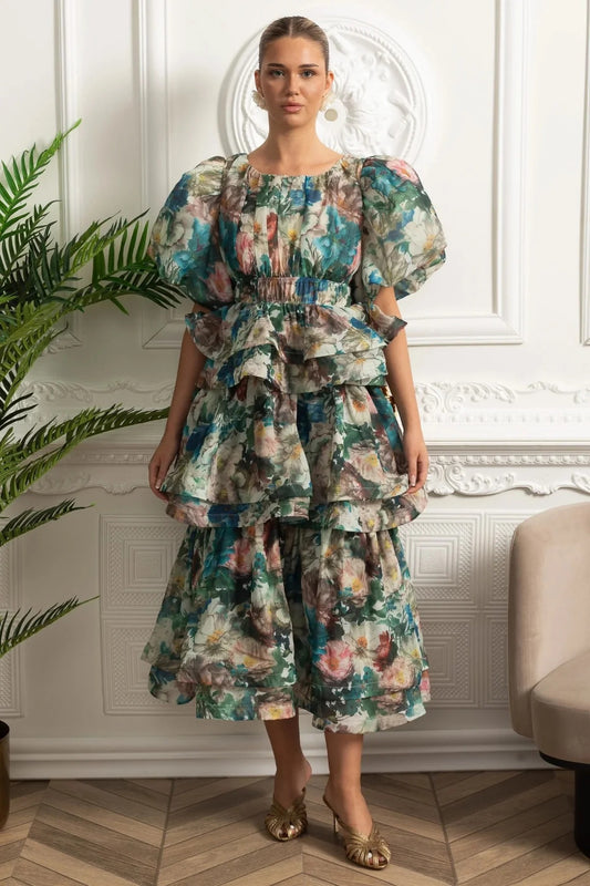Puff Sleeve Tiered Midi Dress - Green