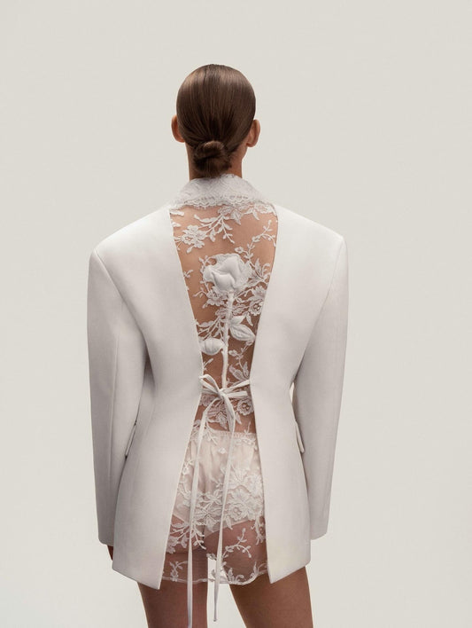 Blazer with Sheer Lace Back and Tie Detail - White