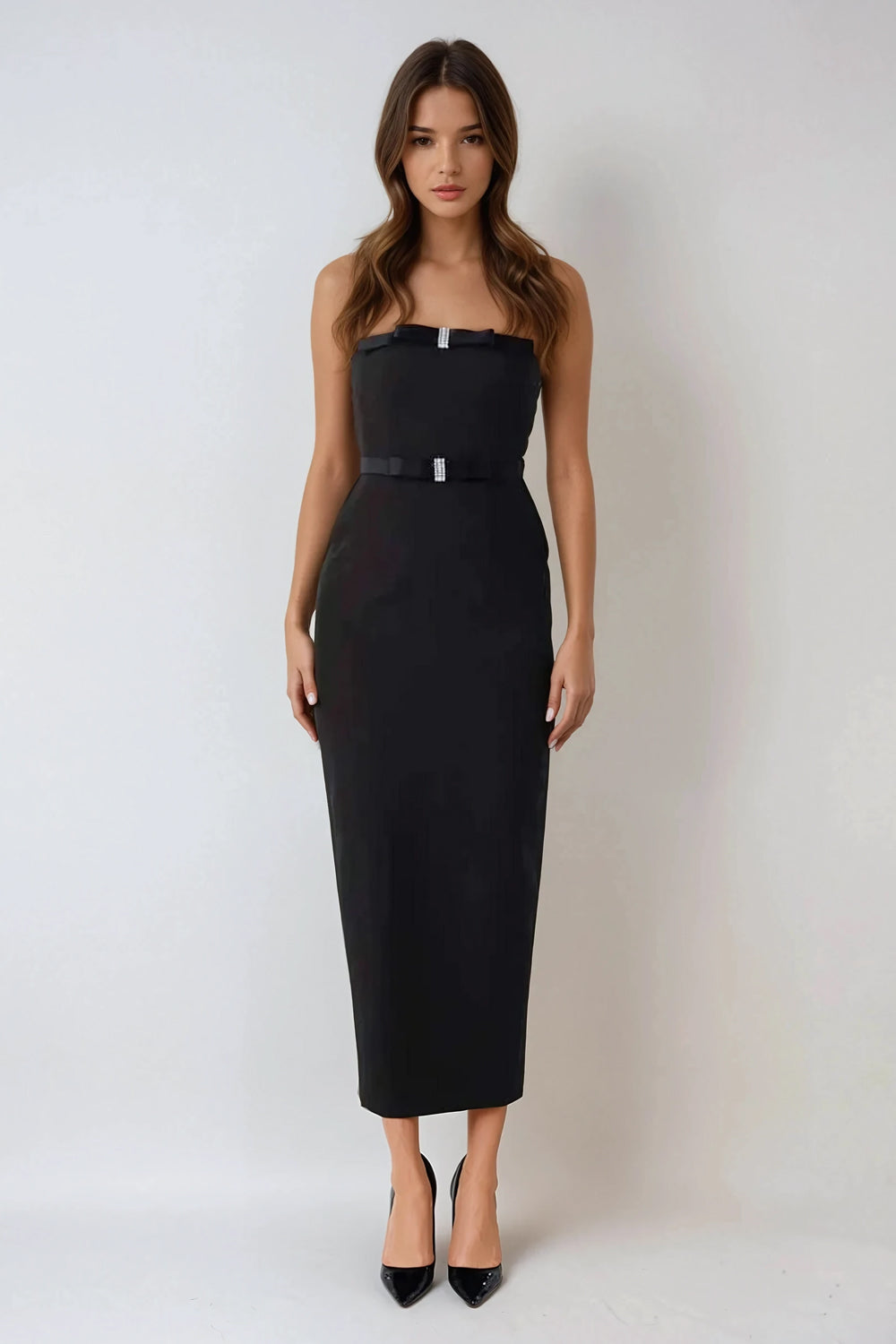 Strapless Bow Detail Midi Dress - Black