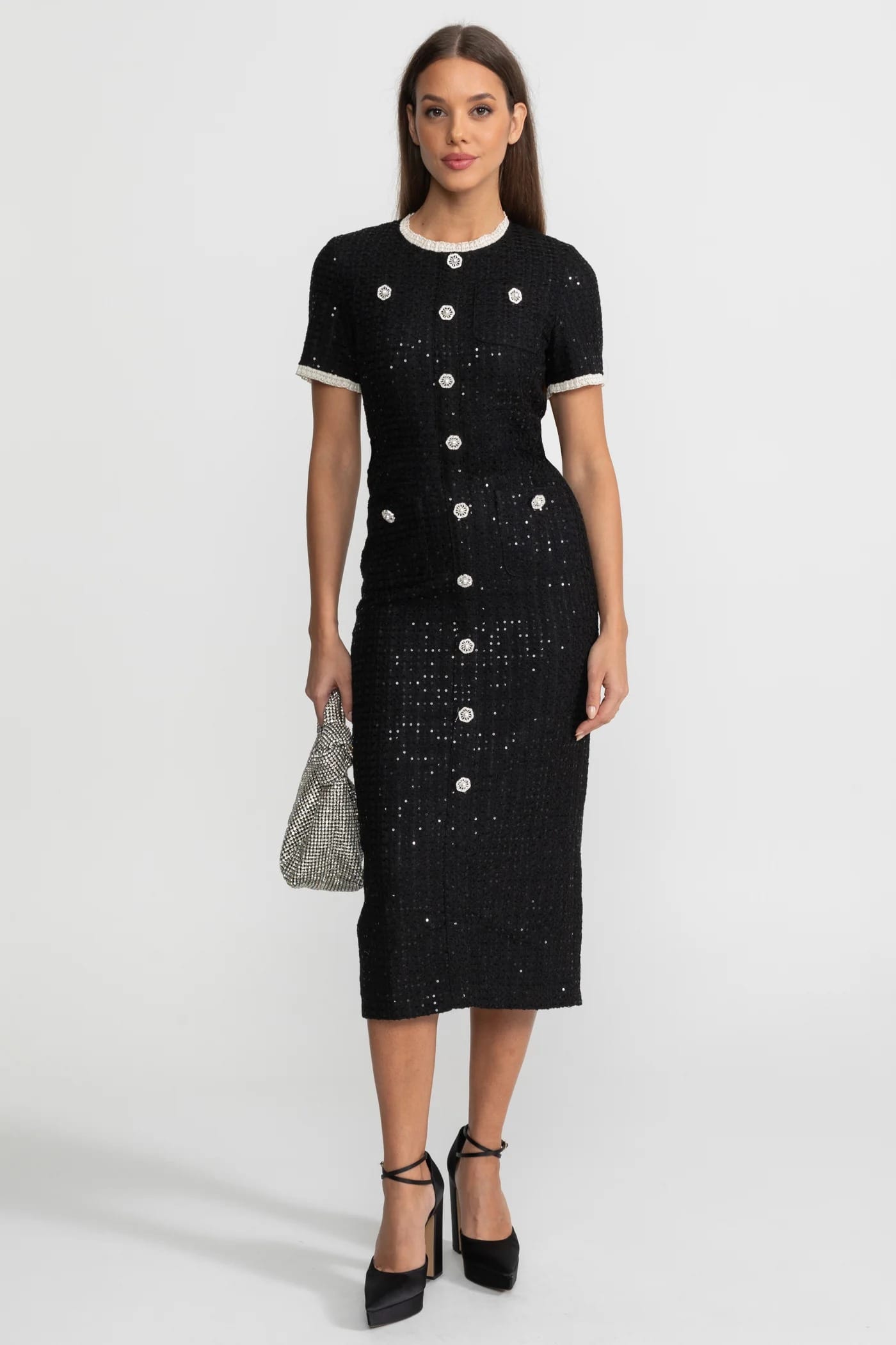 Short Sleeve Sequin Midi Dress - Black