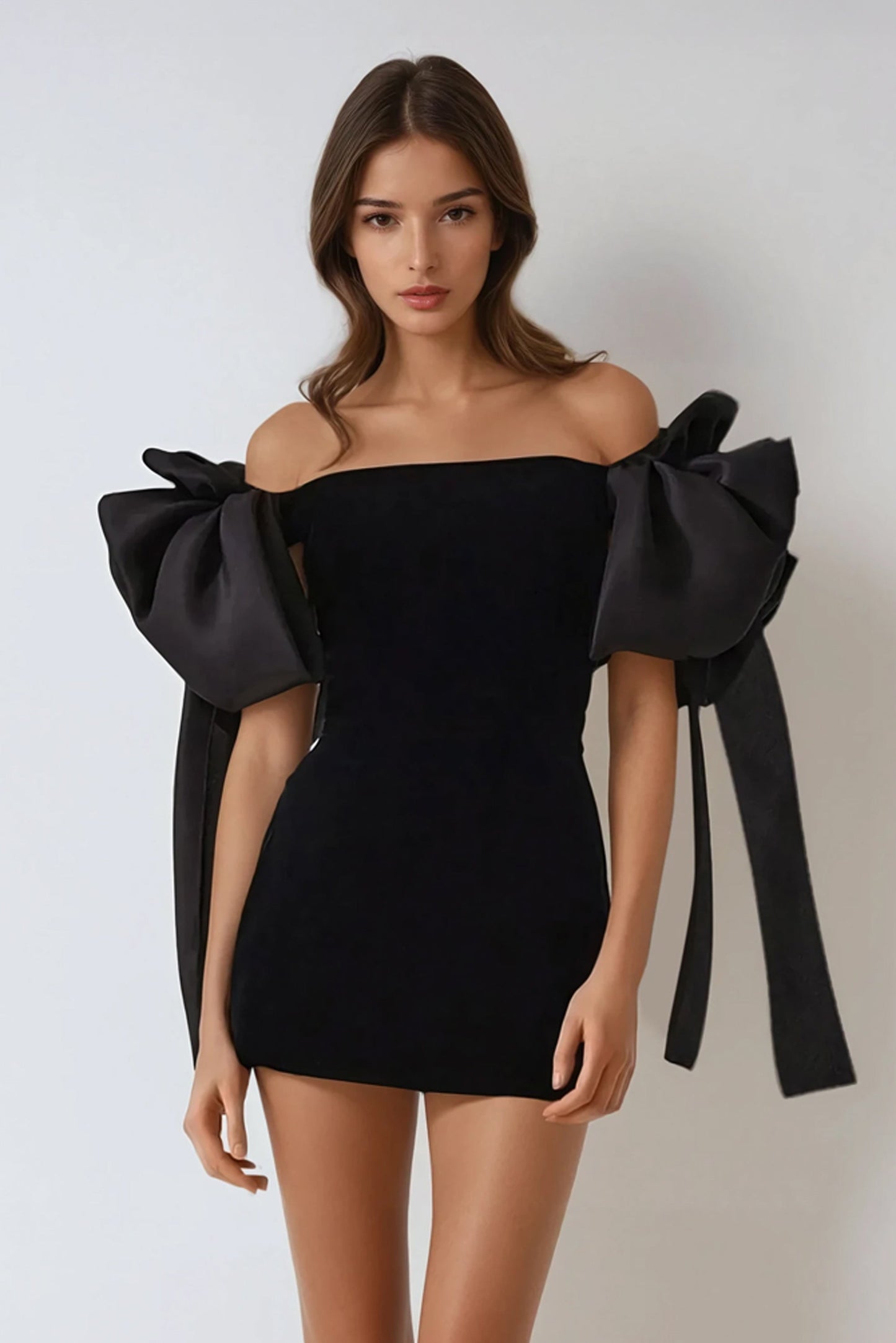 Off-Shoulder Mini Dress with Oversized Bow Sleeves - Black