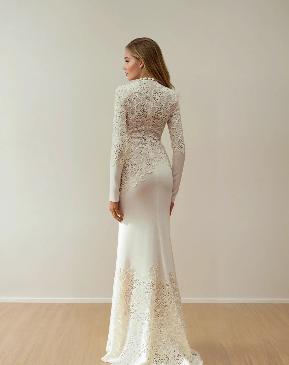 Maxi Dress with Lace Overlay and Long Sleeves - White