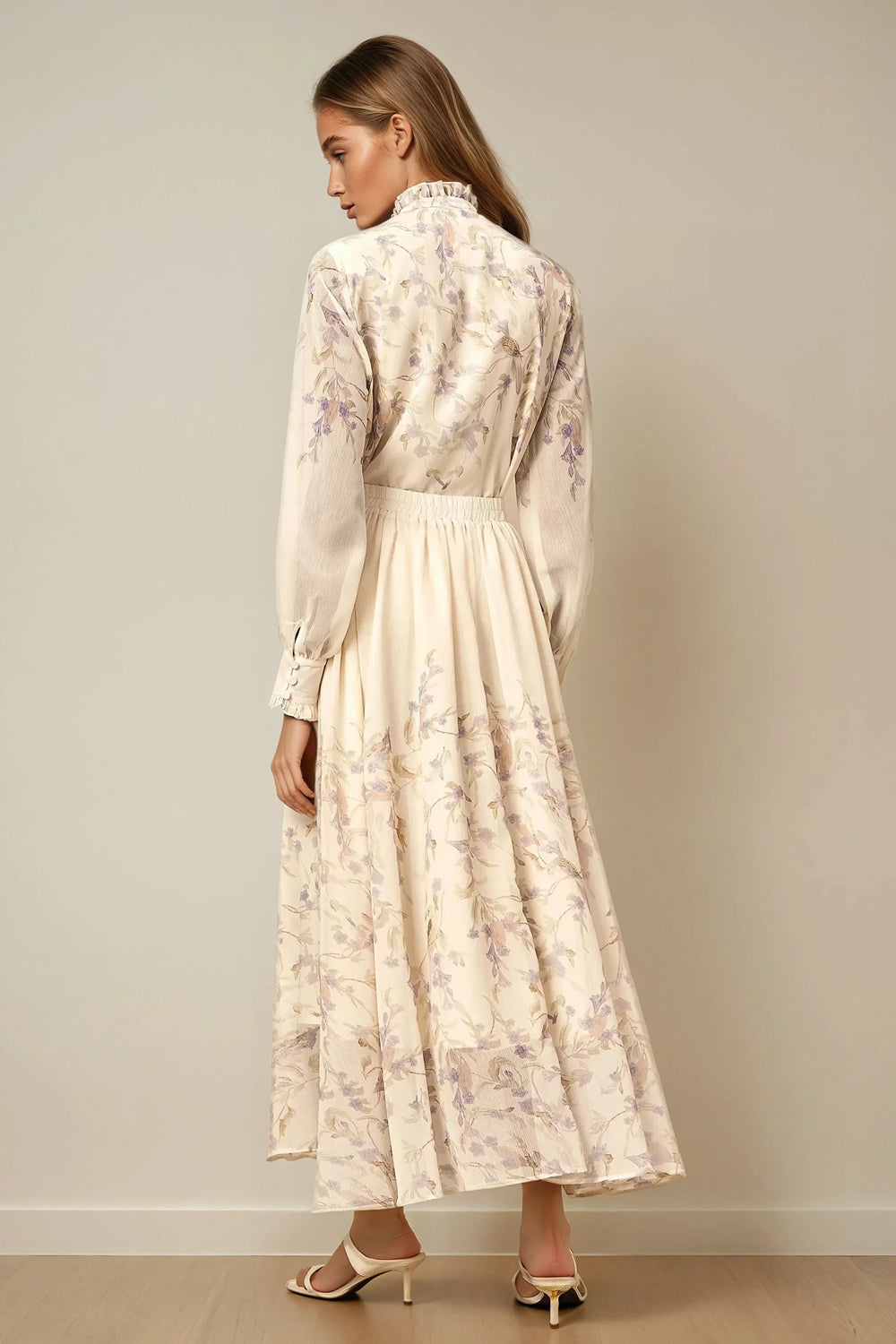 Two-Piece Set with Printed Shirt and Flowing Skirt - White