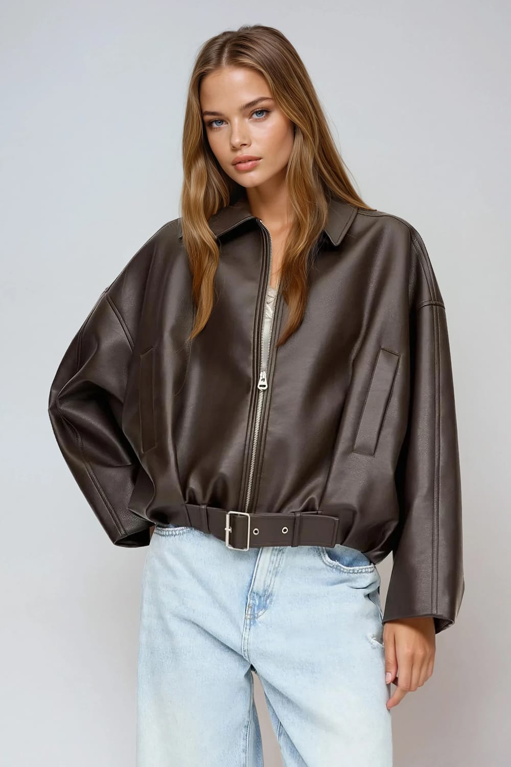 Leather Zip Jacket with Belted Waist - Brown