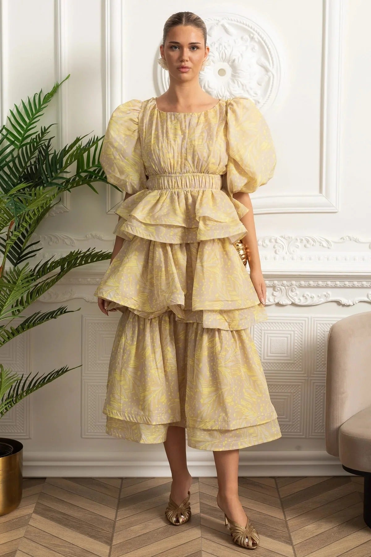 Puff Sleeve Tiered Midi Dress - Yellow