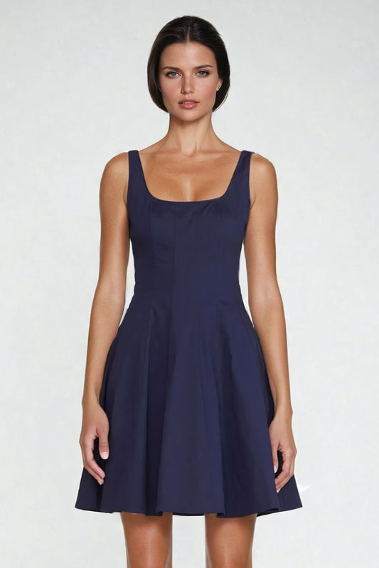 Sleeveless Square-Neck Mini Dress - Navy Blue