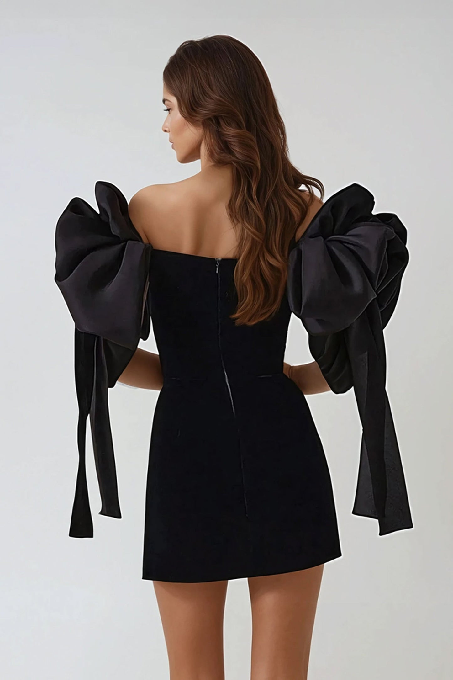 Off-Shoulder Mini Dress with Oversized Bow Sleeves - Black